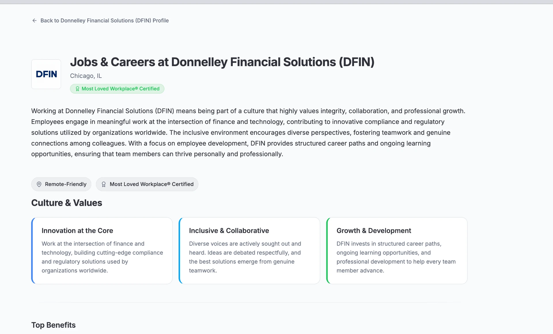 Donnelley Financial Solutions (DFIN) certified career page header for Chicago, Illinois, showing the Most Loved Workplace certified badge and Culture and Values blocks for Innovation, Inclusion, and Growth.