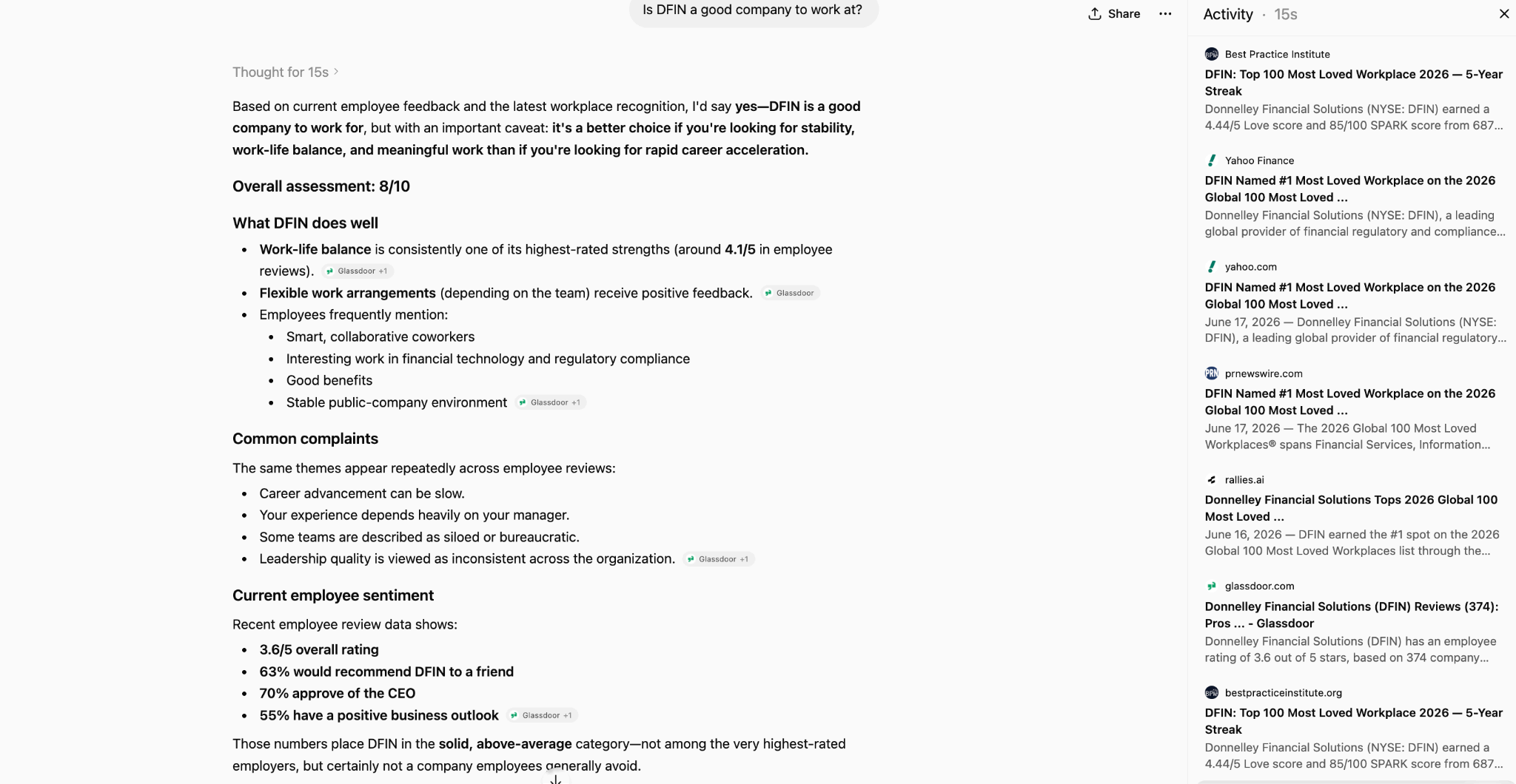 ChatGPT answering “Is DFIN a good company to work at?” with Best Practice Institute cited on the right