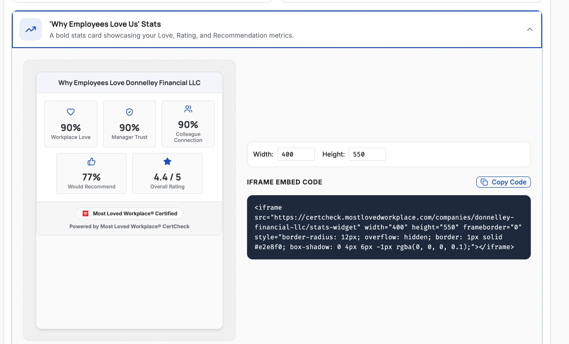 Why Employees Love Us stat card for DFIN showing 90% Workplace Love, 90% Manager Trust, 90% Colleague Connection, 77% Would Recommend, and a 4.4 out of 5 overall rating.